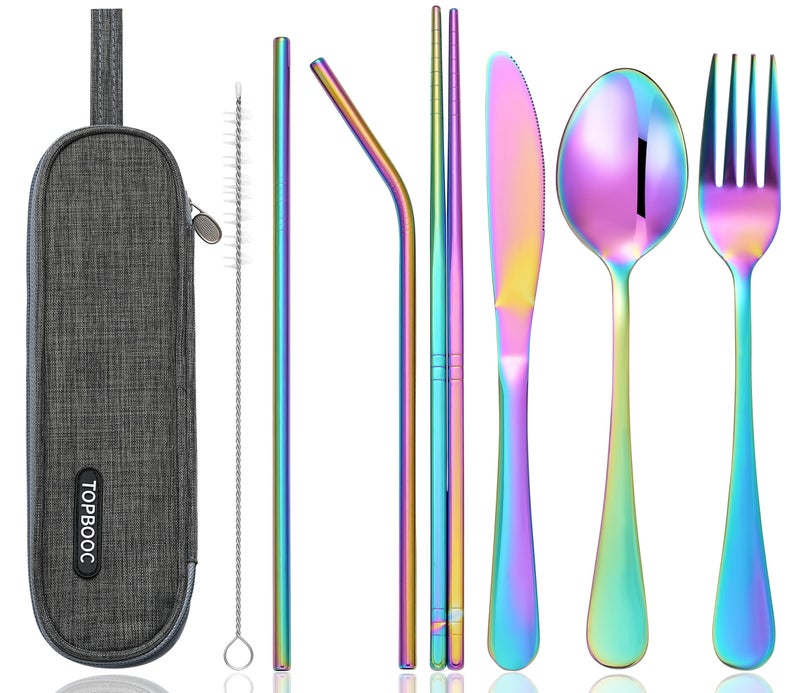 Portable Stainless Steel Flatware Set, Travel Camping Cutlery Set, Portable Utensil Travel Silverware Dinnerware Set with a Waterproof Case (Rainbow)